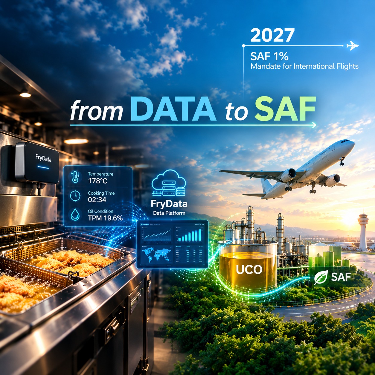 from DATA to SAF: FryData 센서가 튀김기 온도·조리시간·오일 상태(TPM)를 측정하고, 수집된 폐유(UCO)가 SAF 정제 공정을 거쳐 항공유로 공급되는 흐름. 2027년 국내 출발 국제선 SAF 1% 혼합 의무 표기