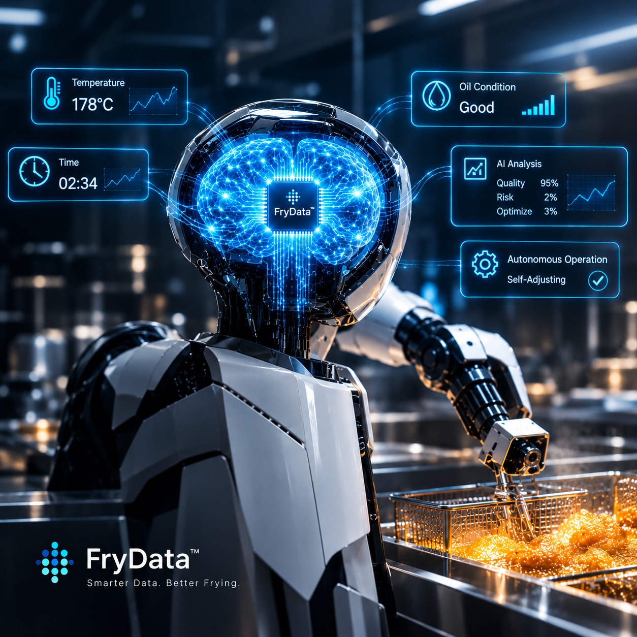 FryData 칩이 내장된 발광하는 두뇌 형상을 가진 로봇이 온도·시간·오일 상태·AI 분석·자율 운영 정보를 실시간으로 표시하며 튀김을 조리하는 모습